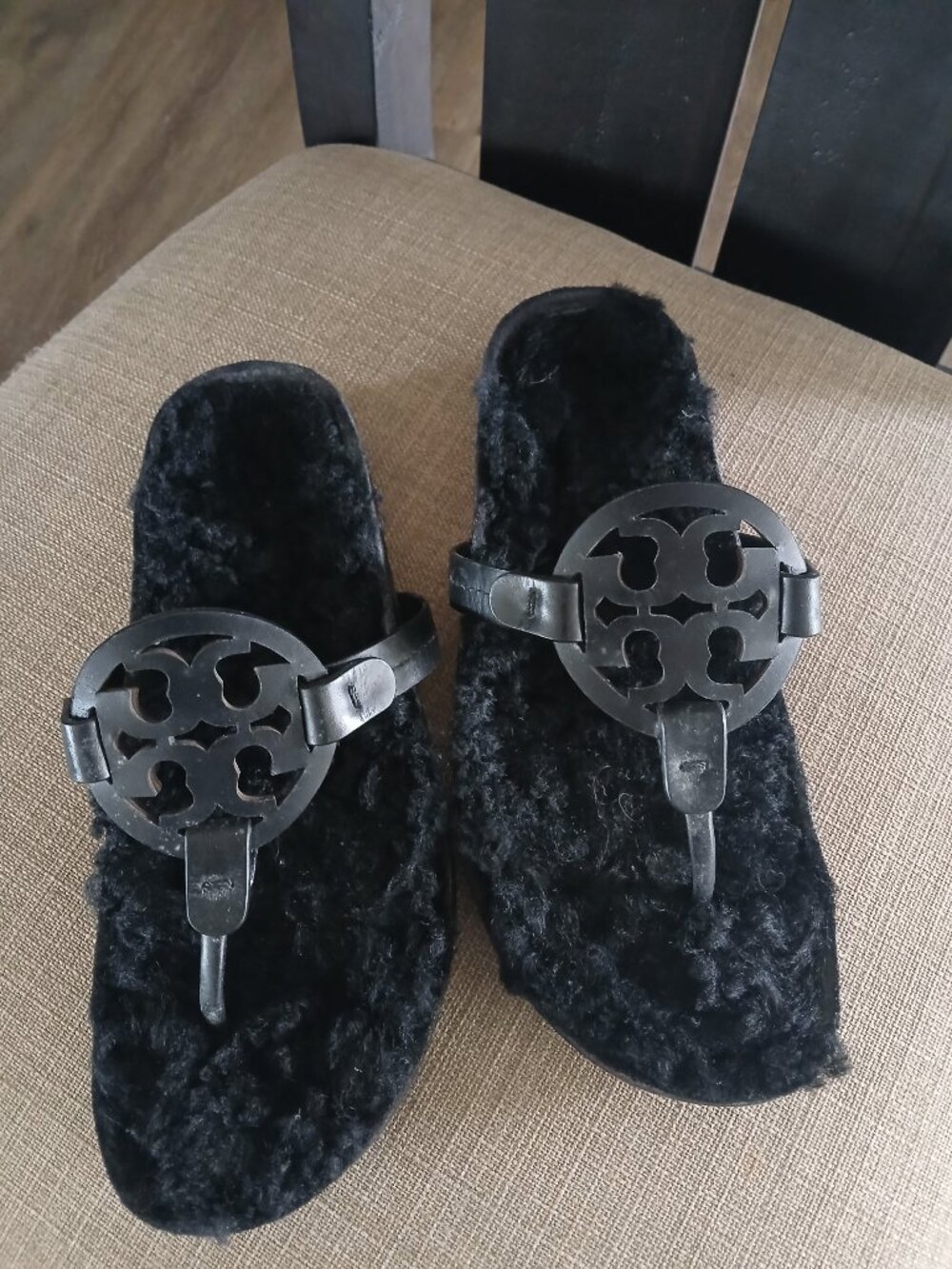 Womens Tory Burch Miller Cloud Shearling Leather Sandal Black Size 7 1/2
